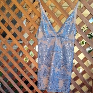 Free People Medium Blue Sequined Chemise Mini Dress With Natural Lining, Size 6